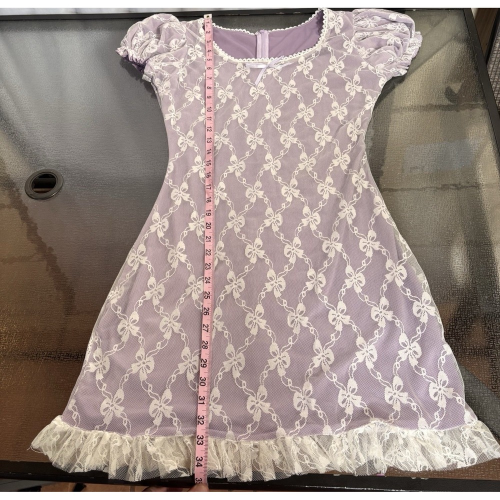 Coquette Lace Dress Womens Medium Sheer Overlay Lavender Soft Girl Puff Sleeve - Picture 4 of 7